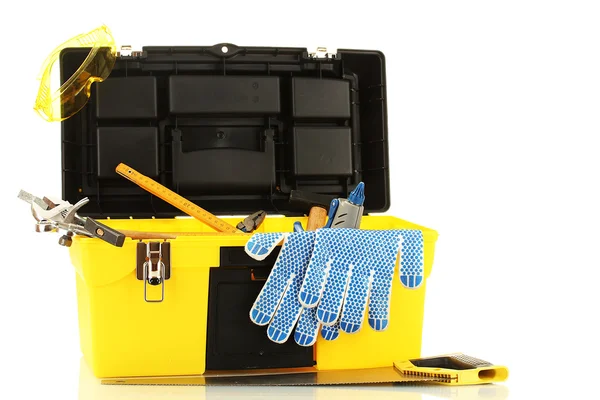 Offene gelbe Werkzeugkiste mit Werkzeugen auf weißem Hintergrund — Stockfoto