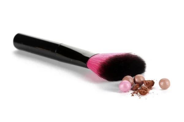 Brush for make-up with powder balls isolated on white — Stock Photo, Image
