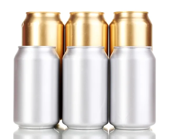 Golden and silver cans isolated on white — Stock Photo, Image