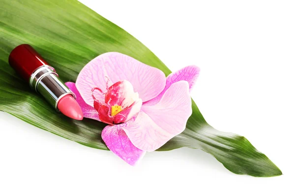 Lipstick on green leaf isolated on white — Stock Photo, Image