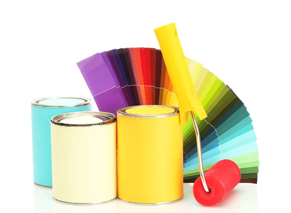 Tin cans with paint, roller, brushes and bright palette of colors isolated on white — Stock Photo, Image