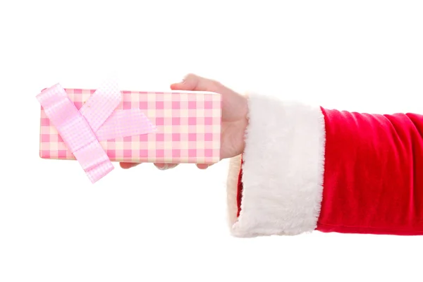 Santa claus strony przytrzymanie pudełko na białym tle — Zdjęcie stockowe