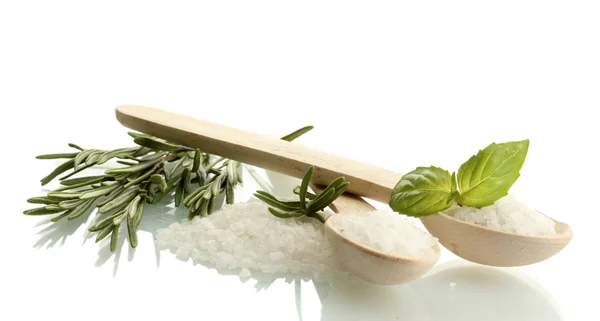 Salz in Löffeln mit frischem Basilikum und Rosmarin isoliert auf weiß — Stockfoto