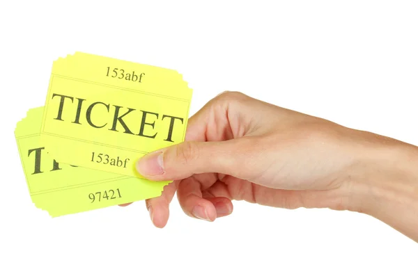 Vrouw hand met een kleurrijke tickets op witte achtergrond close-up — Stockfoto