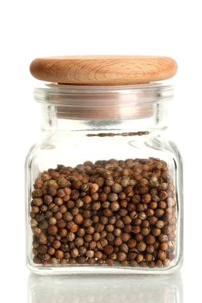 Jar of coriander seeds isolated on white — Stock Photo, Image