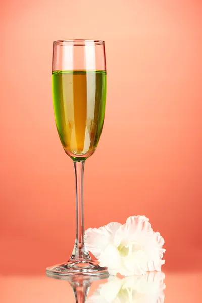 Glass with cocktail and gladiolus bud on red background close-up — Stock Photo, Image