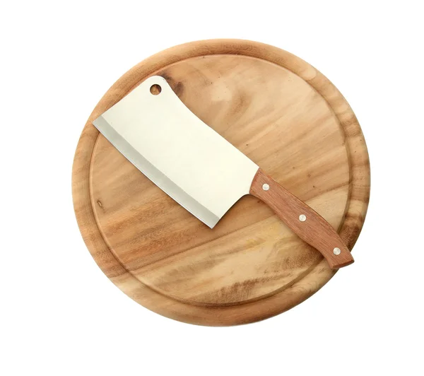 Meat cleaver on cutting board isolated on white — Stock Photo, Image