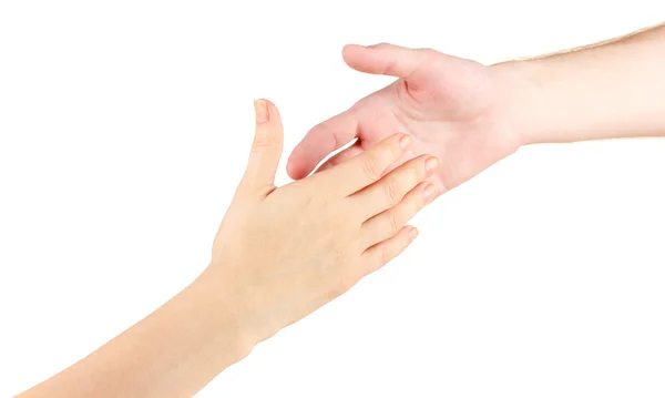 Women's hand goes to the man's hand on white background — Stock Photo, Image