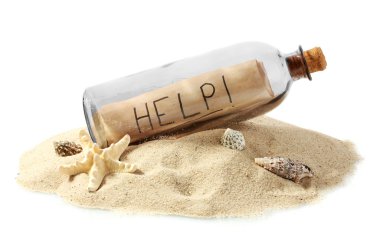 Glass bottle with note inside on sand isolated on white clipart