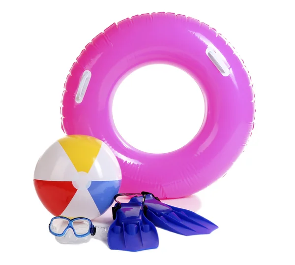Life ring, inflatable ball, flippers and mask isolated on white — Stock Photo, Image
