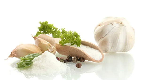 Salt med färska basiland persilja, vitlök och peppar isolerad på vit — Stockfoto