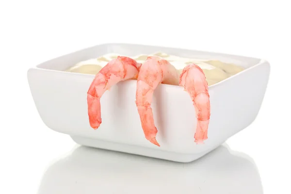 Delicious marinated shrimp with sauce isolated on white — Stock Photo, Image
