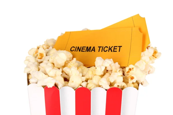 Classic box of popcorn and cinema tickets isolated on white — Stock Photo, Image