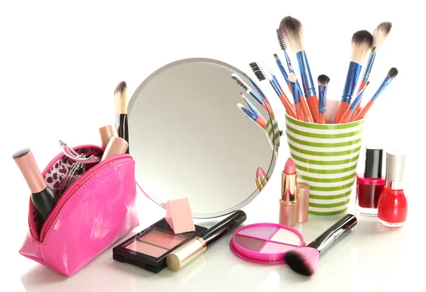 Cosmetics near mirror isolated on white — Stock Photo, Image