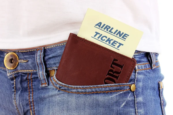 Passport and ticket in jeans pocket close-up — Stok fotoğraf