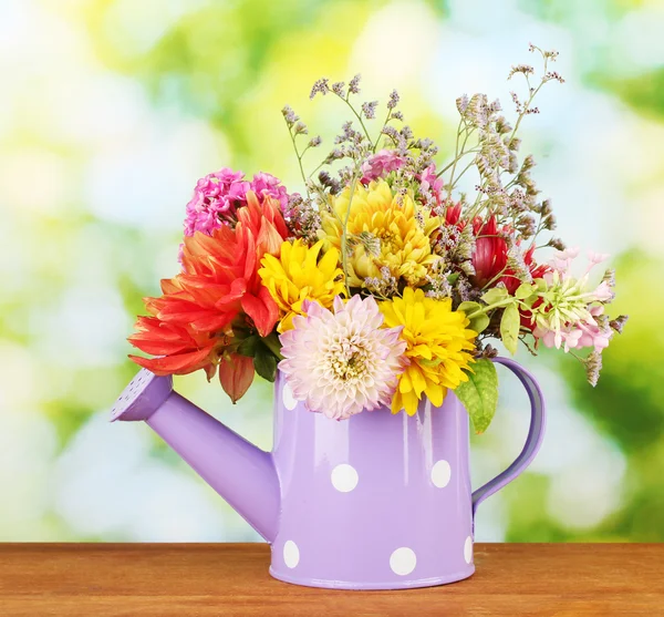 Purple watering can with white polka-dot with flowers on green background — Stock Photo, Image