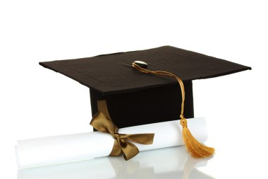 Grad hat and diploma isolated on white clipart