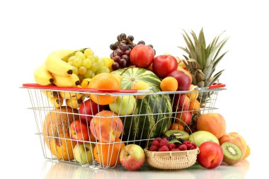 Assortment of exotic fruits in metal basket and berries isolated on white clipart