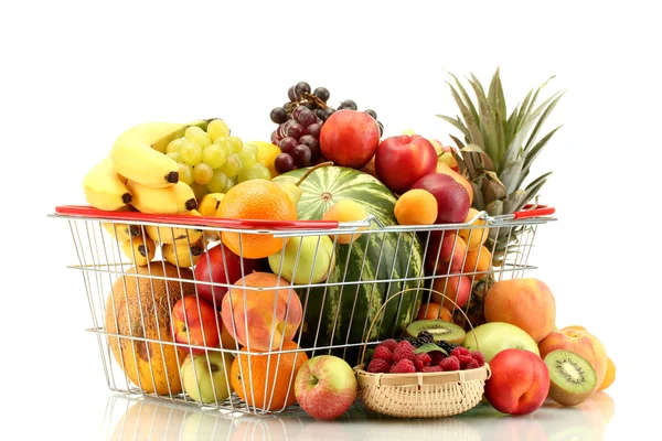 Assortment of exotic fruits in metal basket and berries isolated on white — Stock Photo, Image