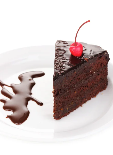 Close-up κέικ σοκολάτας sacher απομονωθεί σε λευκό — Φωτογραφία Αρχείου