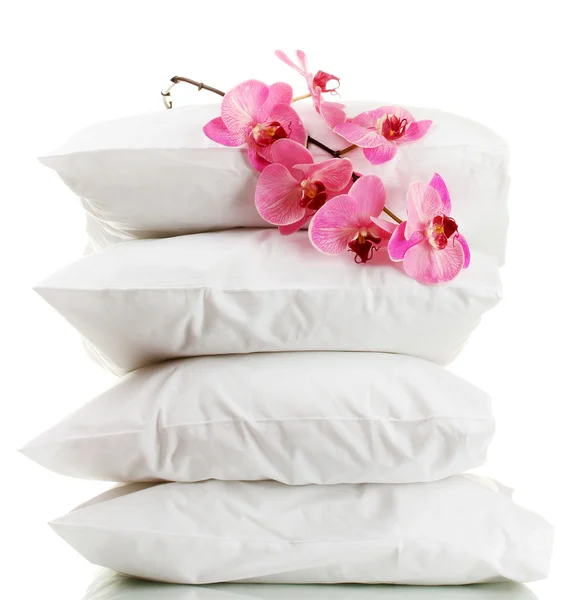Travesseiros e flores, isolados sobre branco — Fotografia de Stock