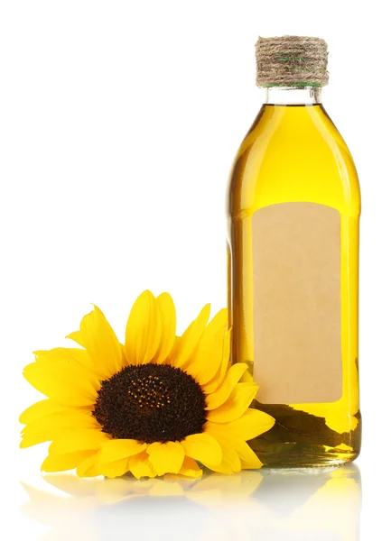 在瓶和向日葵，孤立在白色油 — 图库照片