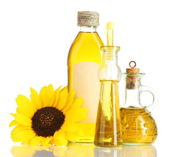 Olie in potten en zonnebloem, geïsoleerd op wit — Stockfoto