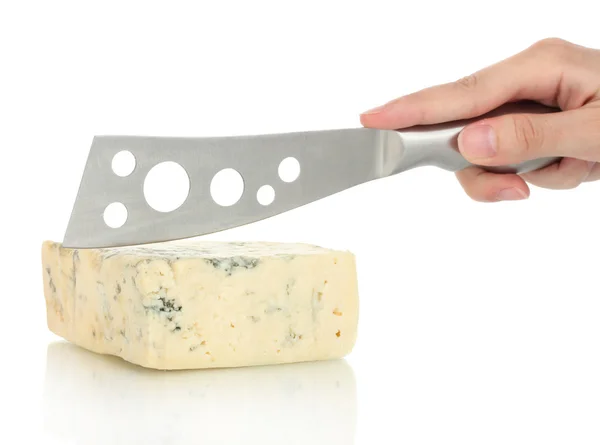A mão da mulher cortou queijo azul no fundo branco close-up — Fotografia de Stock
