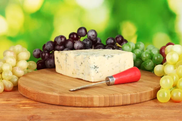 Käse mit Schimmel auf dem Schneidebrett mit Trauben auf hellgrünem Hintergrund — Stockfoto