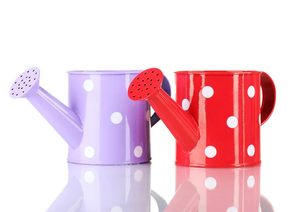 Purple and red watering cans with white polka-dot isolated on white — Stock Photo, Image