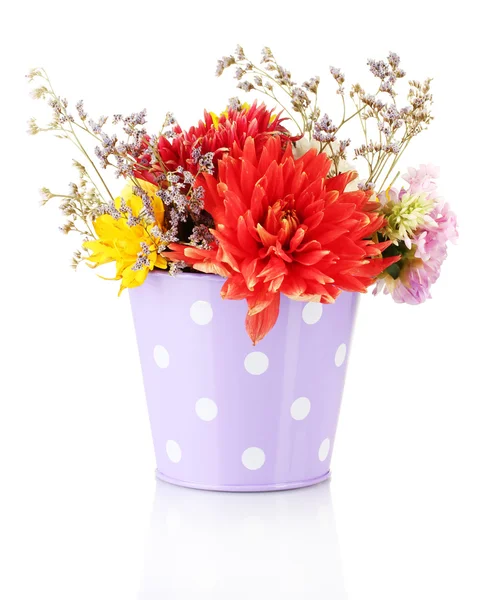 Purple bucket with white polka-dot with flowers isolated on white — Stock Photo, Image