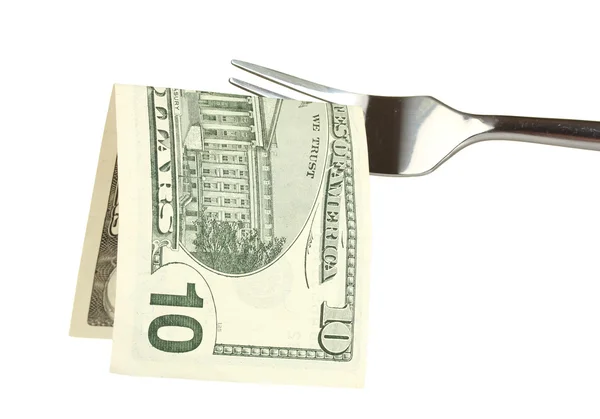 Banconote su una forchetta su sfondo bianco primo piano — Foto Stock