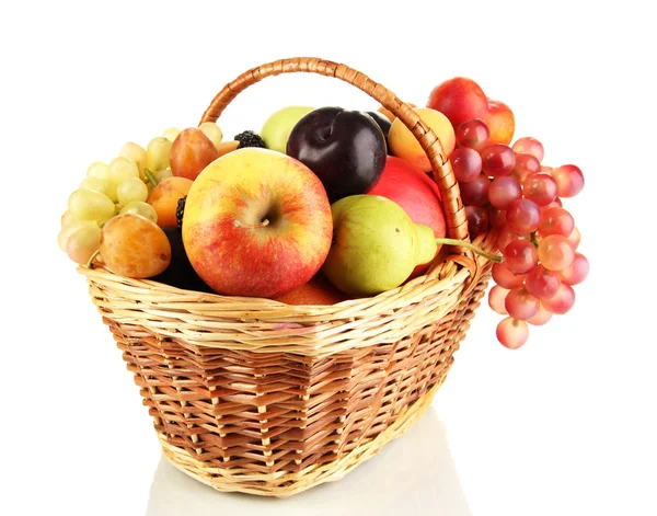 Still life of fruit in basket isolated on white — Stock Photo, Image