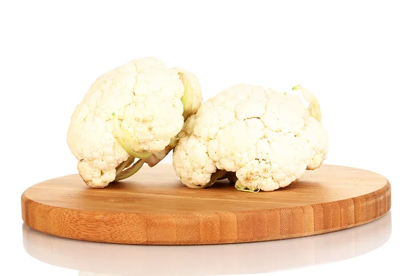 Fresh cauliflower on wooden board isolated on white — Stock Photo, Image
