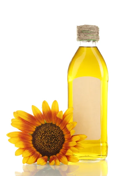 Oil in bottle and sunflower, isolated on white — Stock Photo, Image