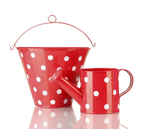 Red watering can and bucket with white polka-dot isolated on white — Stock Photo, Image