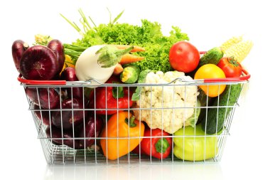 Fresh vegetables in metal basket isolated on white clipart
