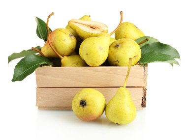 Juicy flavorful pears in box isolated on white clipart