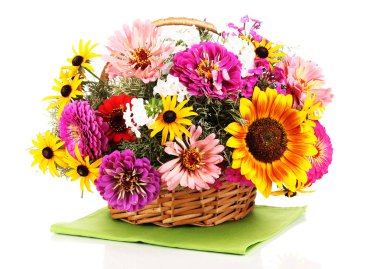 Beautiful bouquet of bright flowers in basket isolated on white clipart