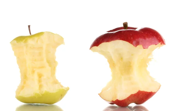 Duas maçãs mordidas isoladas em branco — Fotografia de Stock