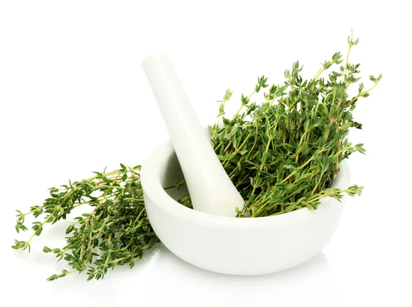 Mortar with fresh green thyme isolated on white — Stock Photo, Image