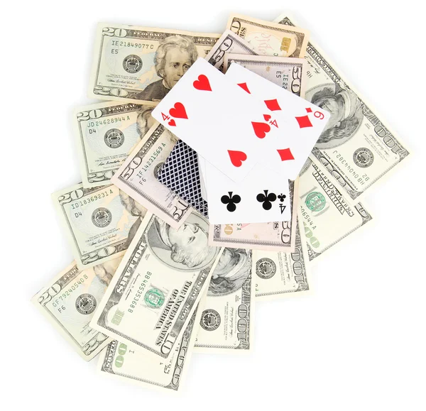 Dolarów i talia kart do gry na białym tle — Zdjęcie stockowe