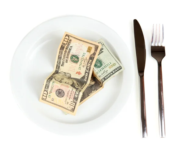 Geld auf Teller isoliert auf weißem Hintergrund Nahaufnahme — Stockfoto