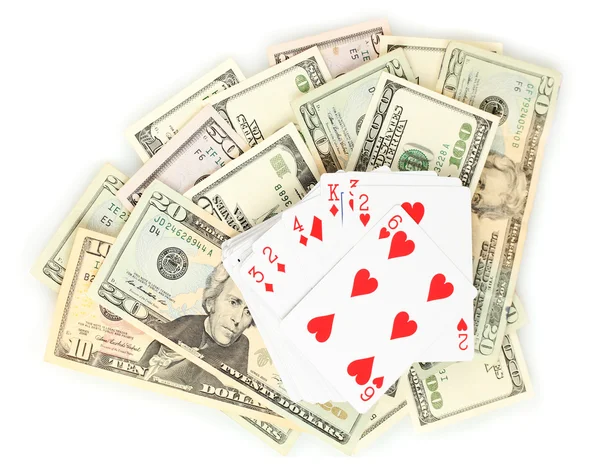 Dolarów i talia kart do gry na białym tle — Zdjęcie stockowe
