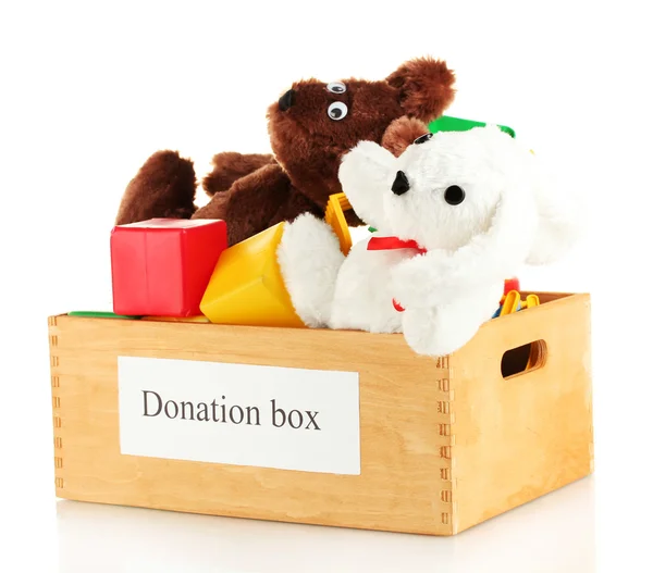 Donation box with children toys isolated on white — Stock Photo, Image