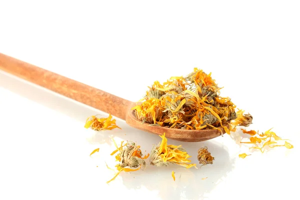 Dried calendula flowers in wooden spoon, isolated on white — Stock Photo, Image