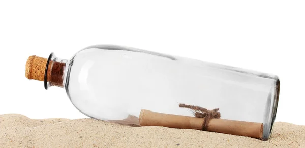 Glass bottle with note inside on sand isolated on white — Stock Photo, Image