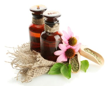 Medicine bottles with purple echinacea , isolated on white clipart