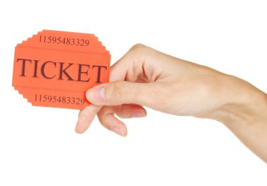 Woman's hand holding a colorful ticket on white background close-up clipart