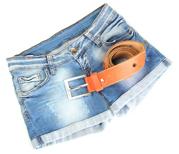 Women jeans shorts with leather belt isolated on white background — Stock Photo, Image